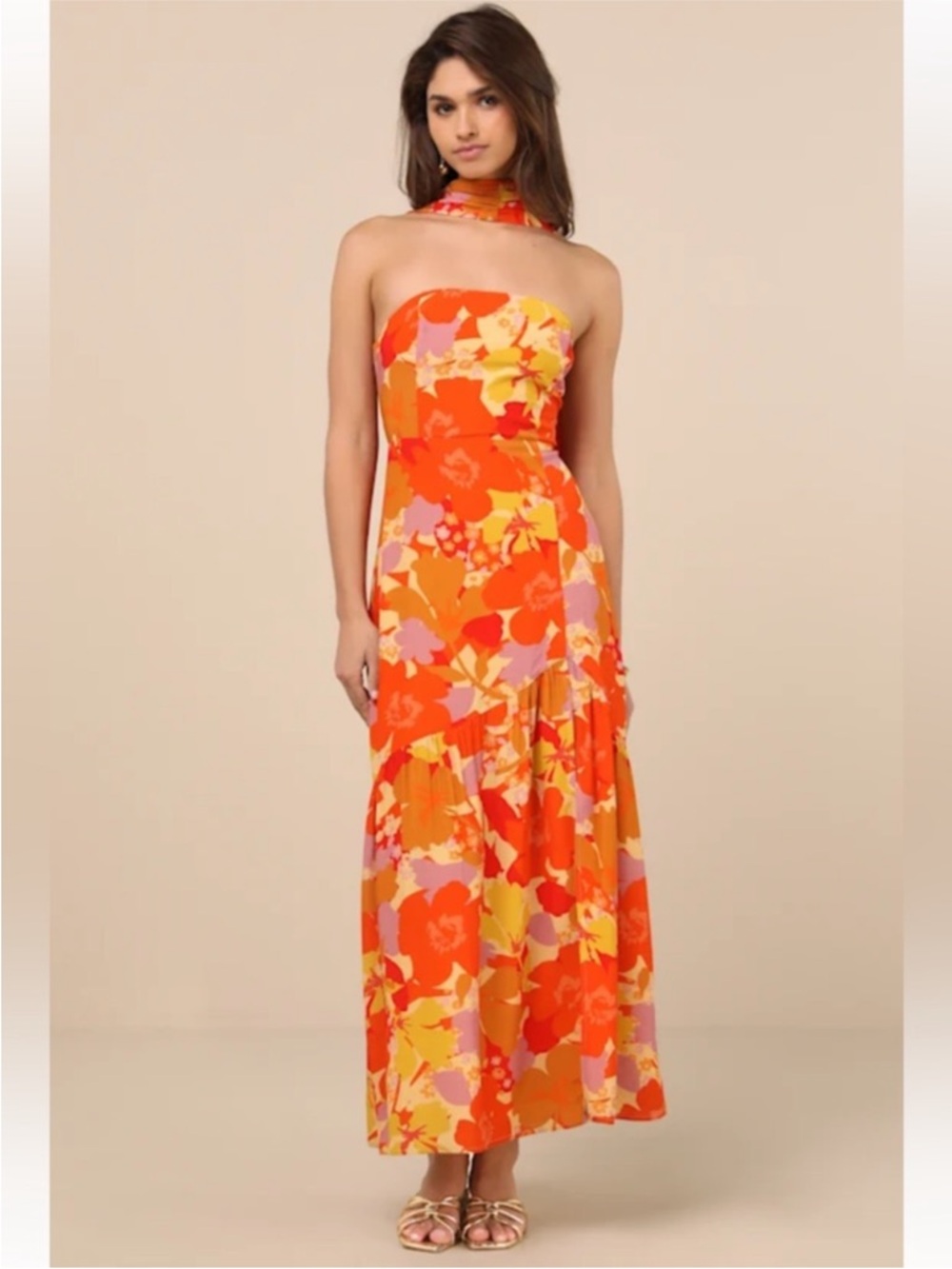 Lulus Spirit Orange Floral Strapless Dress and Scarf Set Size Small